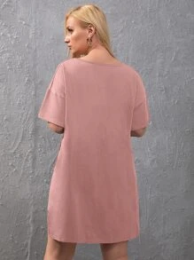 SHEIN LUNE Plus Drop Shoulder Slit Hem Tee & Cycling Shorts - Baby Pink - View 2