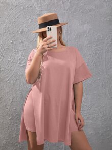 SHEIN LUNE Plus Drop Shoulder Slit Hem Tee & Cycling Shorts - Baby Pink - View 4