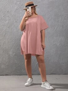 SHEIN LUNE Plus Drop Shoulder Slit Hem Tee & Cycling Shorts - Baby Pink - View 6