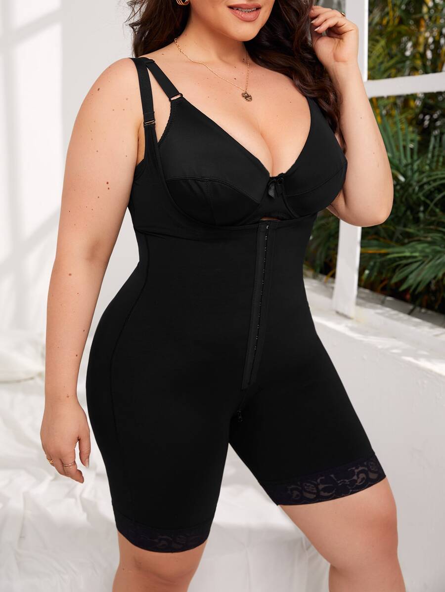 Plus Plain Underbust Shapewear Unitard Romper - Black - View 1