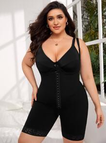Plus Plain Underbust Shapewear Unitard Romper - Black - View 3