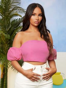 SHEIN SXY Off Shoulder Puff Sleeve Lace Up Backless Top - Pink - View 1