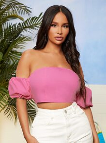 SHEIN SXY Off Shoulder Puff Sleeve Lace Up Backless Top - Pink - View 4