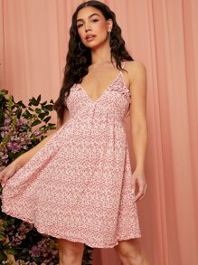 SHEIN Váy Bà bầu Lộ Lưng viền lá sen Họa tiết hoa Boho - Màu Hồng baby - Xem 1