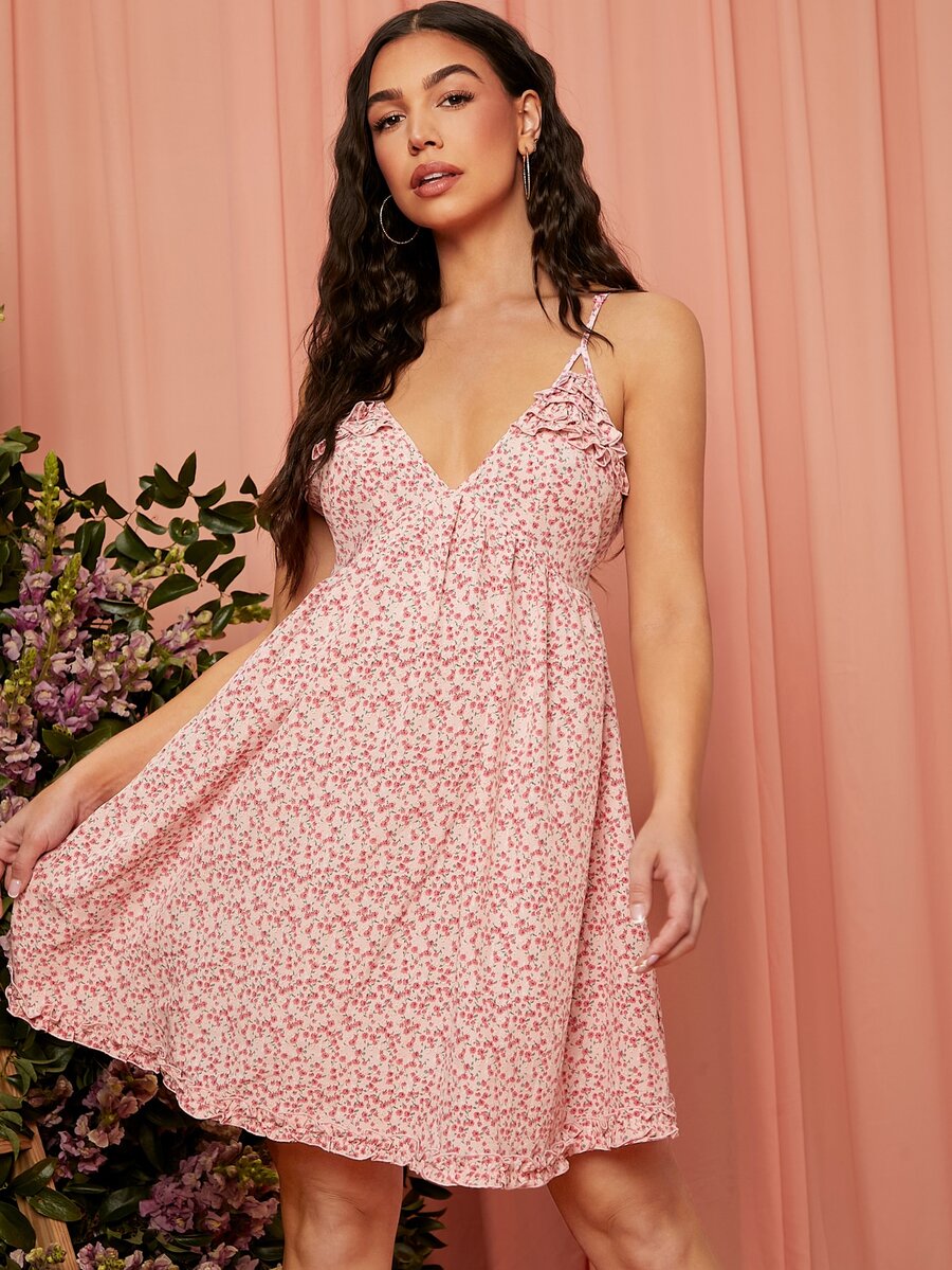 SHEIN Váy Bà bầu Lộ Lưng viền lá sen Họa tiết hoa Boho - Màu Hồng baby - Xem 1