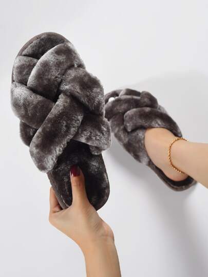 نعال نسائية للخريف/الشتاء باللون الرمادي الداكن مع تصميم نسيج ملون، نعال غرفة نوم فاخرة