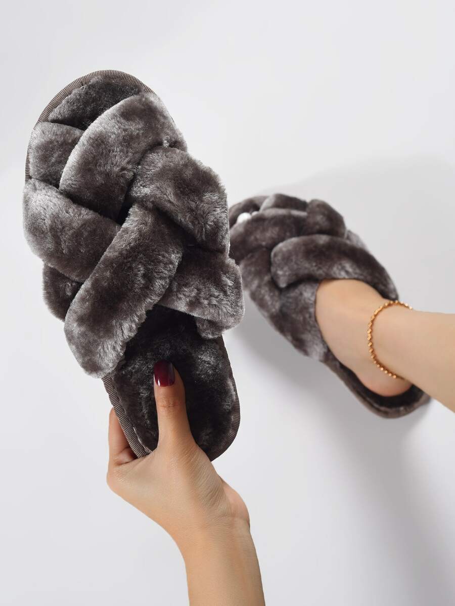 Dép đi trong nhà ngủ trơn màu xám đậm thời trang thu đông dành cho nữ, thiết kế dệt, dép đi trong nhà mềm mại - Màu xám đen - Xem 1