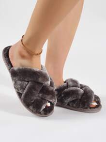 Dép đi trong nhà ngủ trơn màu xám đậm thời trang thu đông dành cho nữ, thiết kế dệt, dép đi trong nhà mềm mại - Màu xám đen - Xem 2