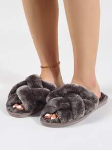 Dép đi trong nhà ngủ trơn màu xám đậm thời trang thu đông dành cho nữ, thiết kế dệt, dép đi trong nhà mềm mại - Màu xám đen - Xem 3