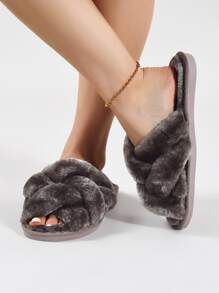 Dép đi trong nhà ngủ trơn màu xám đậm thời trang thu đông dành cho nữ, thiết kế dệt, dép đi trong nhà mềm mại - Màu xám đen - Xem 4