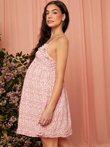 SHEIN Váy Bà bầu Lộ Lưng viền lá sen Họa tiết hoa Boho - Màu Hồng baby - Xem 5
