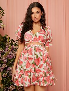 SHEIN 孕婦印花繫帶後泡泡袖上衣和荷葉邊半身裙 - 彩色 - 查看 2