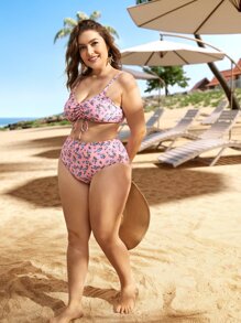 Plus Size Ditsy Floral Print Tie Front Bikini Set Summer Beach - Multicolor - View 4