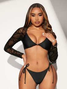對比網眼系帶式比基尼 - 黑色 - 查看 3