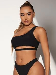 Top bikini con abertura de canalé - Negro - Ver 1