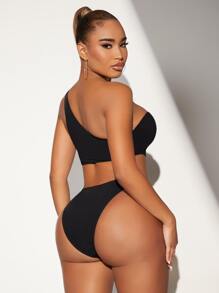 Top bikini con abertura de canalé - Negro - Ver 2