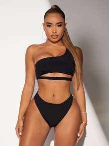 Top bikini con abertura de canalé - Negro - Ver 3