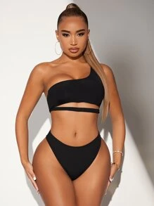 Top bikini con abertura de canalé - Negro - Ver 4