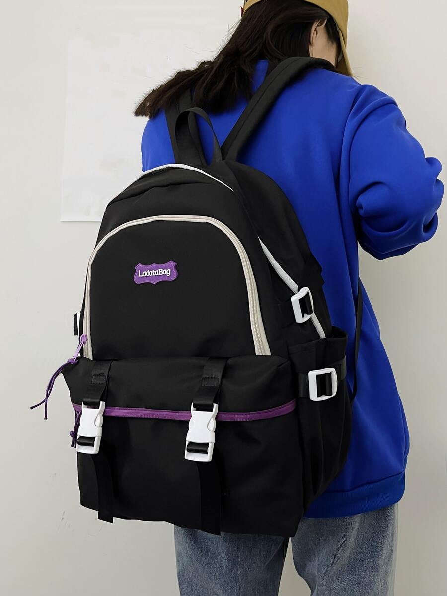 Ba lô Nữ Khóa Khối Màu Lá thư Có thể điều chỉnh được - màu đen - Xem 1