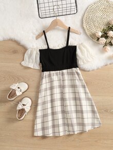 女孩格紋挖肩泡泡袖荷葉邊連衣裙 - 彩色 - 查看 2