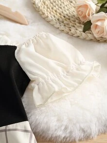 女孩格紋挖肩泡泡袖荷葉邊連衣裙 - 彩色 - 查看 3