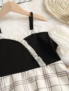 女孩格紋挖肩泡泡袖荷葉邊連衣裙 - 彩色 - 查看 4