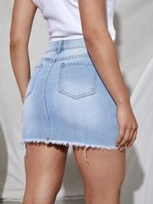 Ripped Raw Hem Denim Skirt - Light Wash - View 2