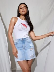 Ripped Raw Hem Denim Skirt - Light Wash - View 5