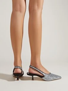 Glitter Point Toe Kitten Heeled Slingback Pumps - Silver - View 5