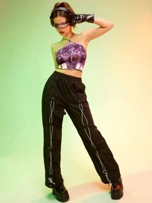 SHEIN ICON Top halter corto de espalda abierta con cordón con estampado de rascacielos - Multicolor - Ver 3