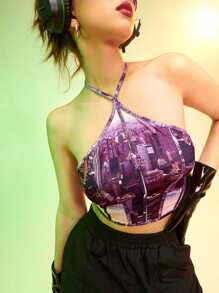 SHEIN ICON Top halter corto de espalda abierta con cordón con estampado de rascacielos - Multicolor - Ver 4