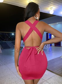 Criss Cross Tie Back Plunging Neck Bodycon Dress - Hot Pink - View 2