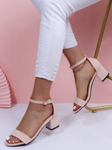 女士單帶搭扣設計粗中跟極簡素色夏天仿麂皮踝帶平底涼鞋 - 藕粉色 - 查看 2