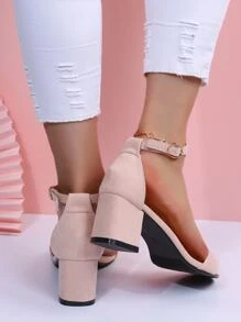 女士單帶搭扣設計粗中跟極簡素色夏天仿麂皮踝帶平底涼鞋 - 藕粉色 - 查看 6