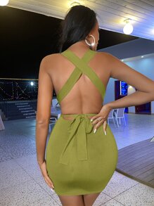 SHEIN SXY 交叉後綁帶深V領緊身連衣裙 - 橄欖綠 - 查看 2