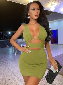 SHEIN SXY 交叉後綁帶深V領緊身連衣裙 - 橄欖綠 - 查看 4