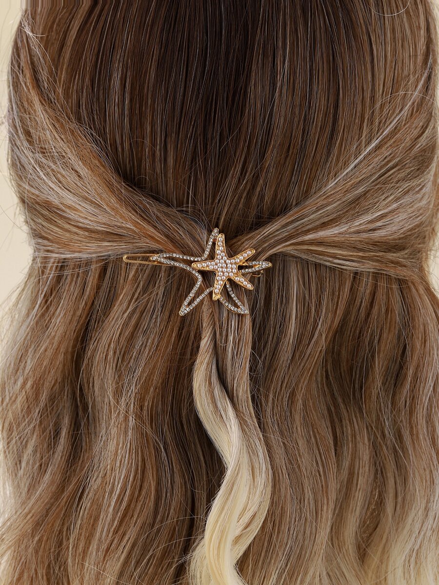 珍珠和水鑽海星裝飾極簡髮夾 - 金色 - 查看 1