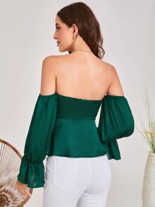 SHEIN VCAY Off Shoulder Flounce Sleeve Ruched Knot Peplum Top - Dark Green - View 2