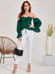 SHEIN VCAY Off Shoulder Flounce Sleeve Ruched Knot Peplum Top - Dark Green - View 3