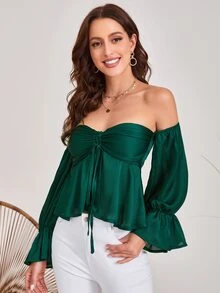 SHEIN VCAY Off Shoulder Flounce Sleeve Ruched Knot Peplum Top - Dark Green - View 4