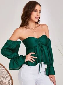 SHEIN VCAY Off Shoulder Flounce Sleeve Ruched Knot Peplum Top - Dark Green - View 5