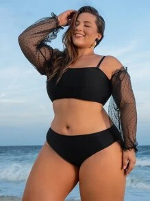 Conjunto De Bikini De Malla En Contraste De Talla Grande Summer Beach - Negro - Ver 1