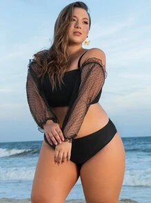 Conjunto De Bikini De Malla En Contraste De Talla Grande Summer Beach - Negro - Ver 5