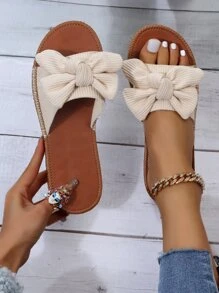 Preppy Outdoors Flat Slippers For Women, Bow Decor Polyester Open Toe Slide Sandals Valentines