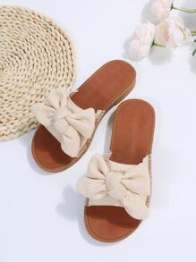 Preppy Outdoors Flat Slippers For Women, Bow Decor Polyester Open Toe Slide Sandals Valentines