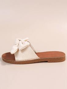 Preppy Outdoors Flat Slippers For Women, Bow Decor Polyester Open Toe Slide Sandals Valentines