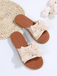 Preppy Outdoors Flat Slippers For Women, Bow Decor Polyester Open Toe Slide Sandals Valentines
