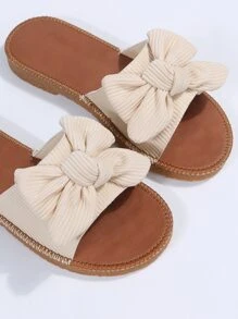 Preppy Outdoors Flat Slippers For Women, Bow Decor Polyester Open Toe Slide Sandals Valentines