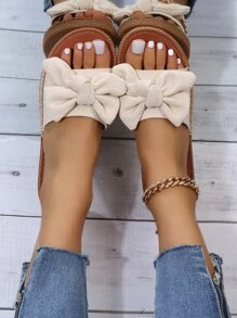 Preppy Outdoors Flat Slippers For Women, Bow Decor Polyester Open Toe Slide Sandals Valentines