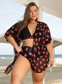 Plus Size Strawberry Print Bikini Set With Kimono Summer Beach - Multicolor - View 1